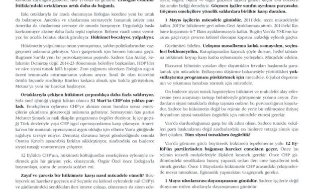 Enternasyonal Komünist İşçi Birliği (EKİB) ve Köz’ün Ortak  1 Mayıs Bildirisi